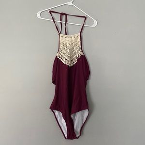 Cupshe One Piece Maroon with Crochet Lace Detailing